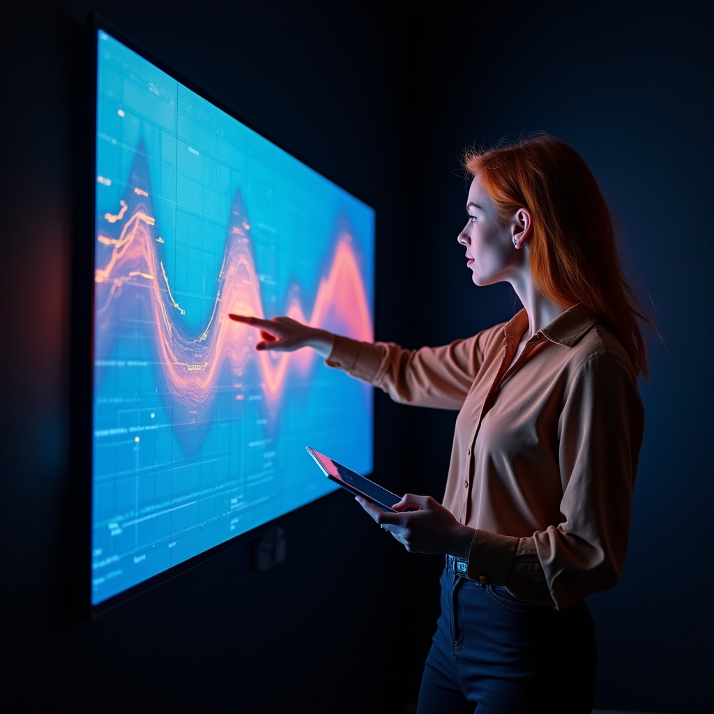 Specialist interpretând o hartă de căldură pe un monitor mare cu zone de interes colorate
